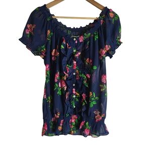 Floral Ruffle Navy Blouse